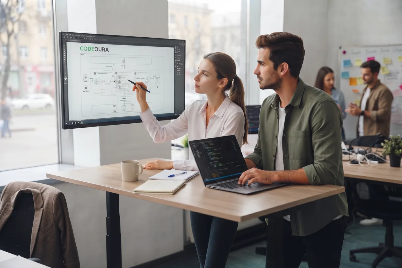 Two Codeoura engineers reviewing a system architecture diagram on screen